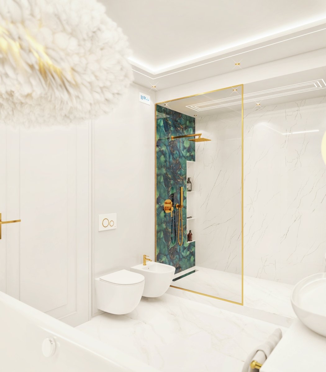 Złota bateria prysznicowa w nowoczesnym salonie kąpielowym.